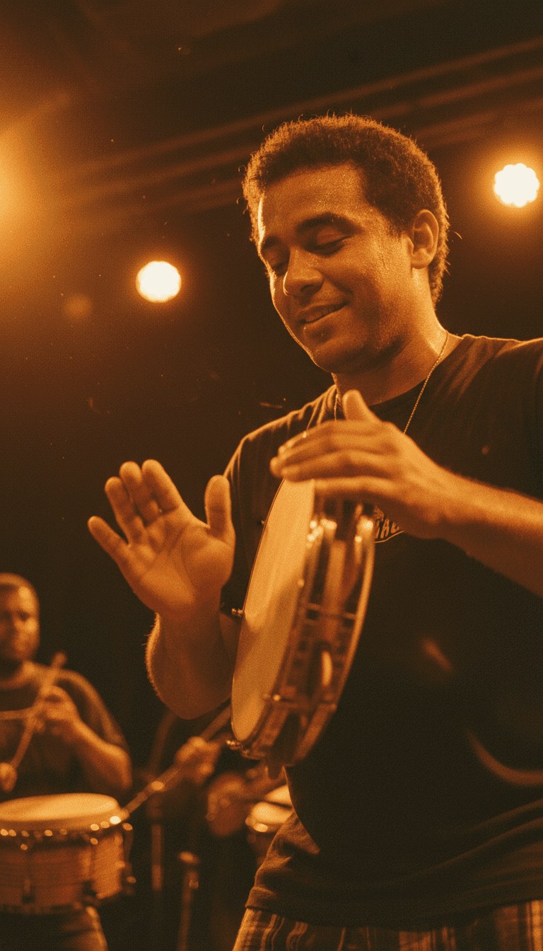 Percussionista da Sakabanda tocando pandeiro em close, expressão concentrada e feliz