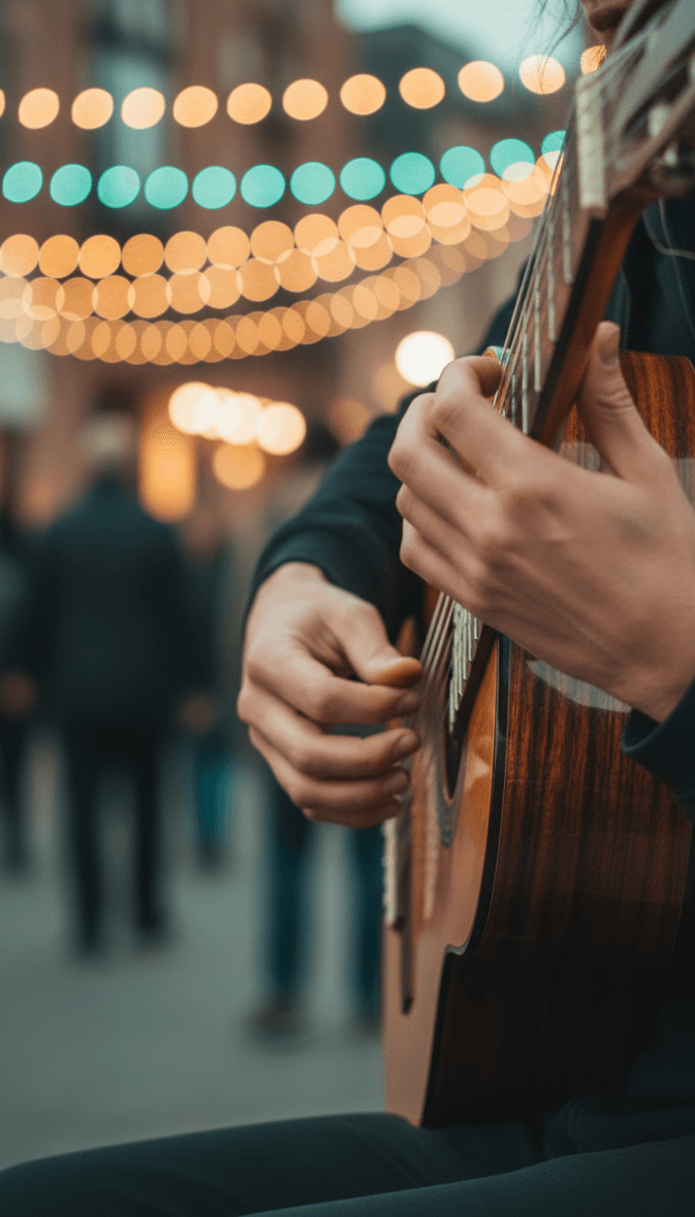 Close das mãos de um músico tocando violão de nylon durante apresentação