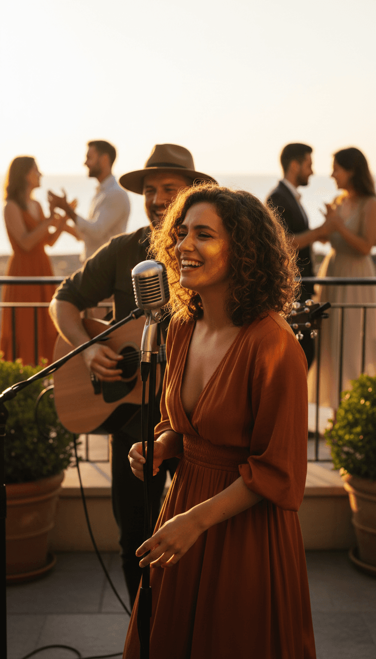 Banda Sakabanda tocando ao vivo no terraço de um hotel em São Paulo, público ao fundo