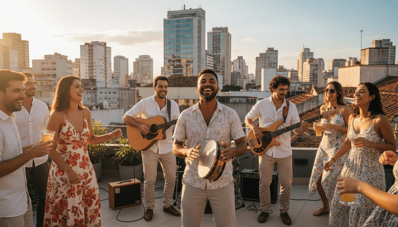 Banda tocando em uma festa privada ao ar livre durante o pôr do sol
