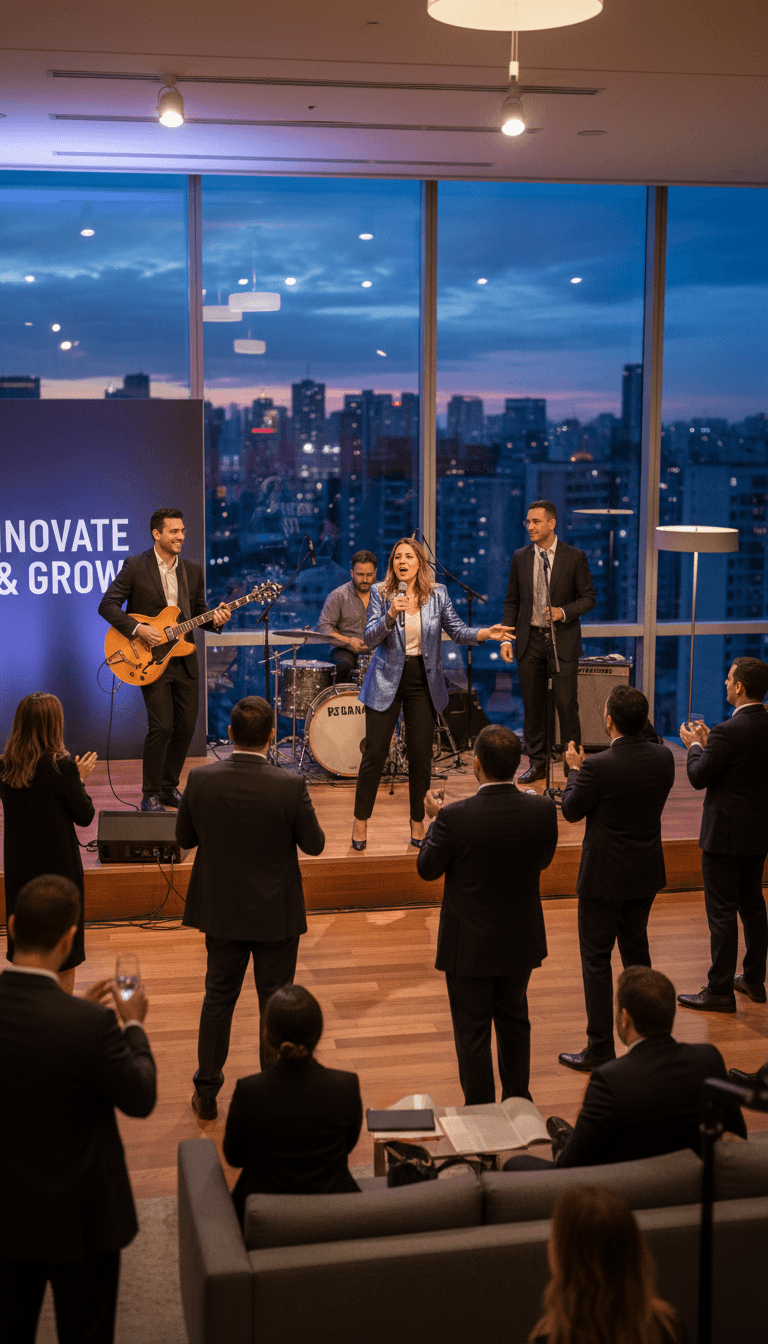 Sakabanda animando um evento corporativo em São Paulo, convidados em pé